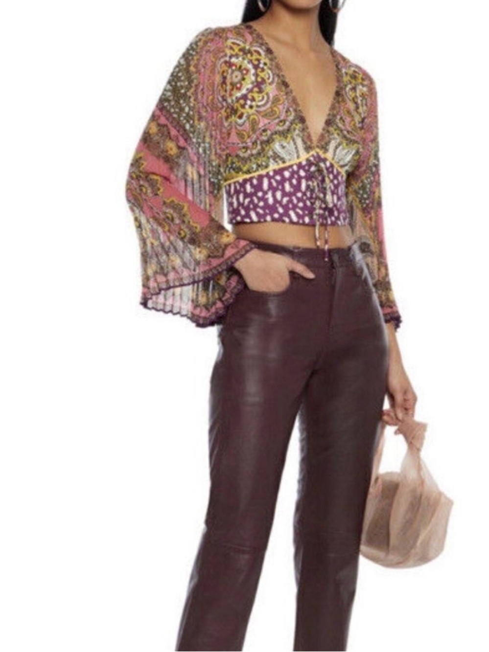Alice + Olivia Chelsea Cropped Bell Sleeve Boho Paisley Top size 12 - Picture 7 of 12